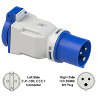 888-2126-ADP IEC 60309 Plug Adapter to European Schuko Connector, IP44 Rated, 16A 250V, 6H, IEC 309